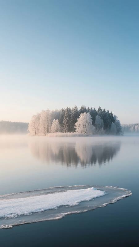 冬湖雪岛静谧景图片