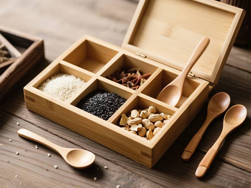 木质香料盒与木勺图片