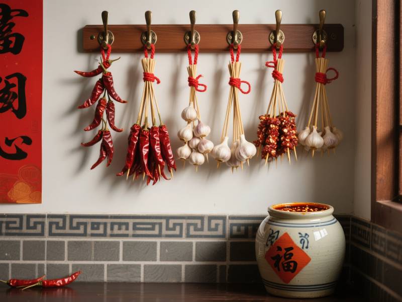 辣椒蒜串挂墙头图片