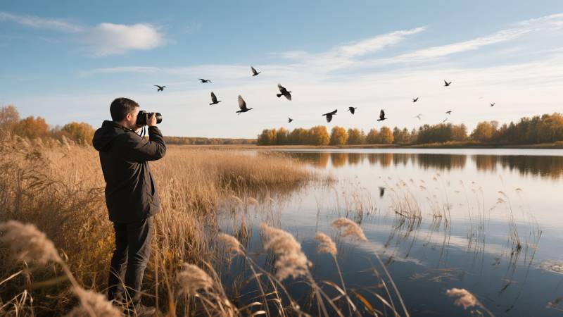 湖畔拍鸟人图片