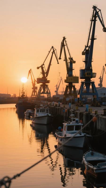 港口日落渔船静泊图片