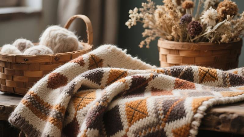 温暖毛毯与干花静物图片