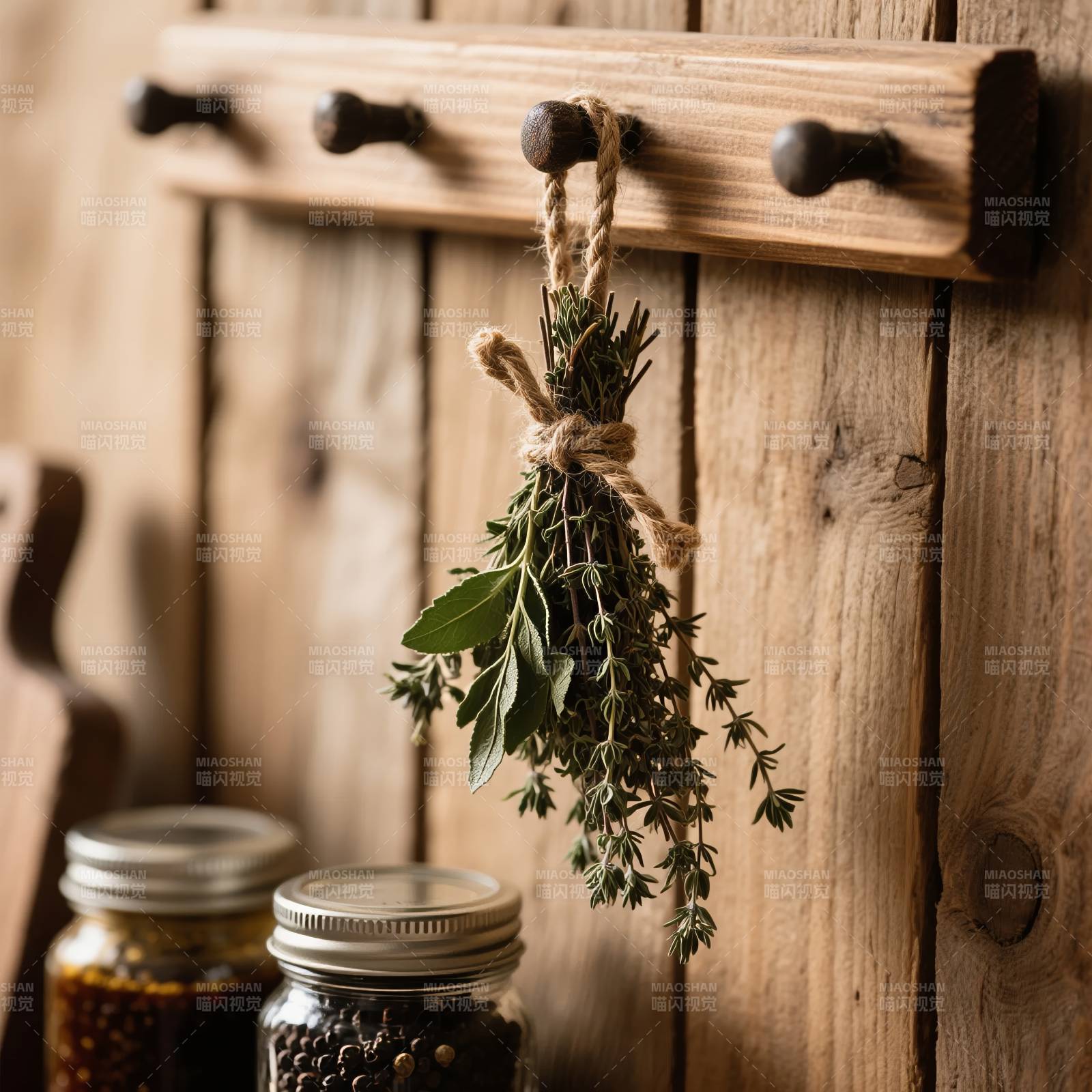 香草悬挂于木墙图片
