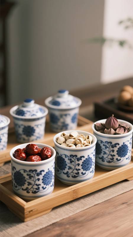 青花瓷杯盛果品图片