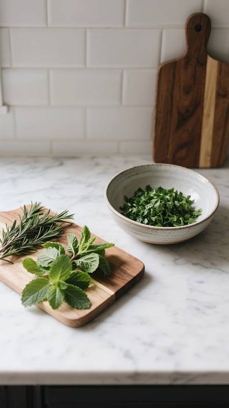 香草与绿叶的厨房静物图片