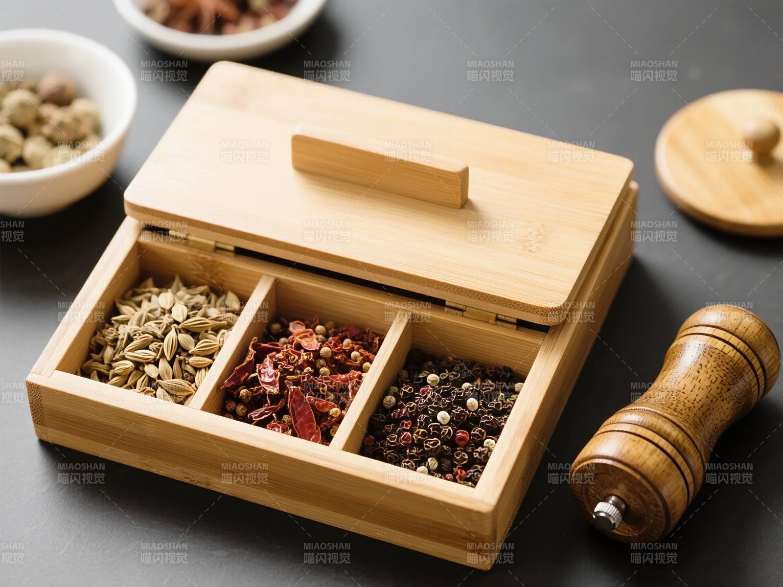木质香料盒与胡椒磨图片