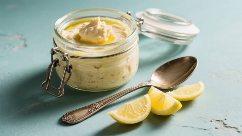 柠檬酱与勺子静物图片