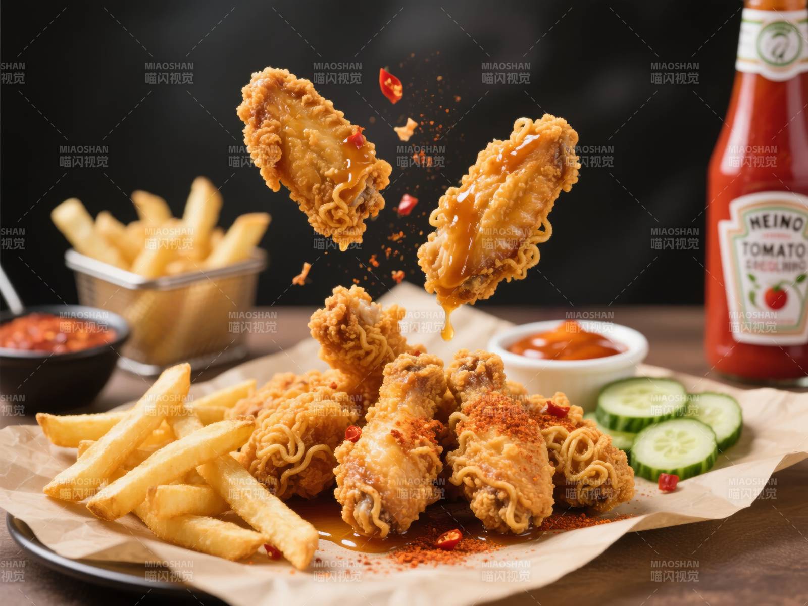 炸鸡翅配薯条图片