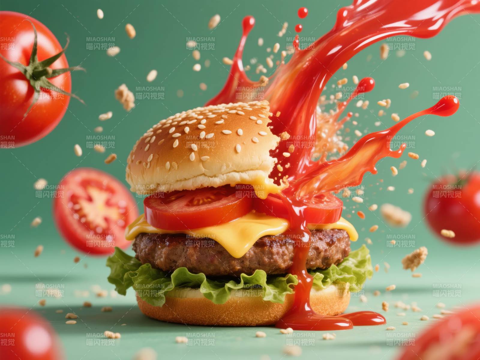 汉堡番茄汁飞溅图片