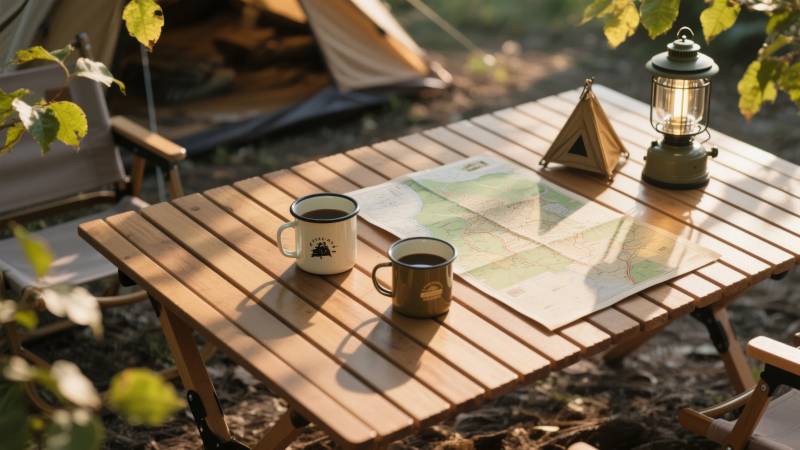 露营桌上的咖啡时光图片