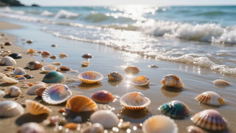 贝壳滩畔海浪轻拂图片