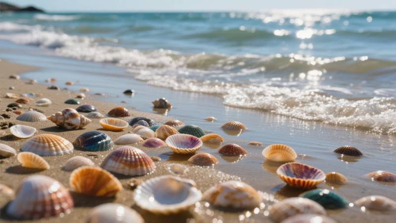 贝壳滩边浪花轻拍图片