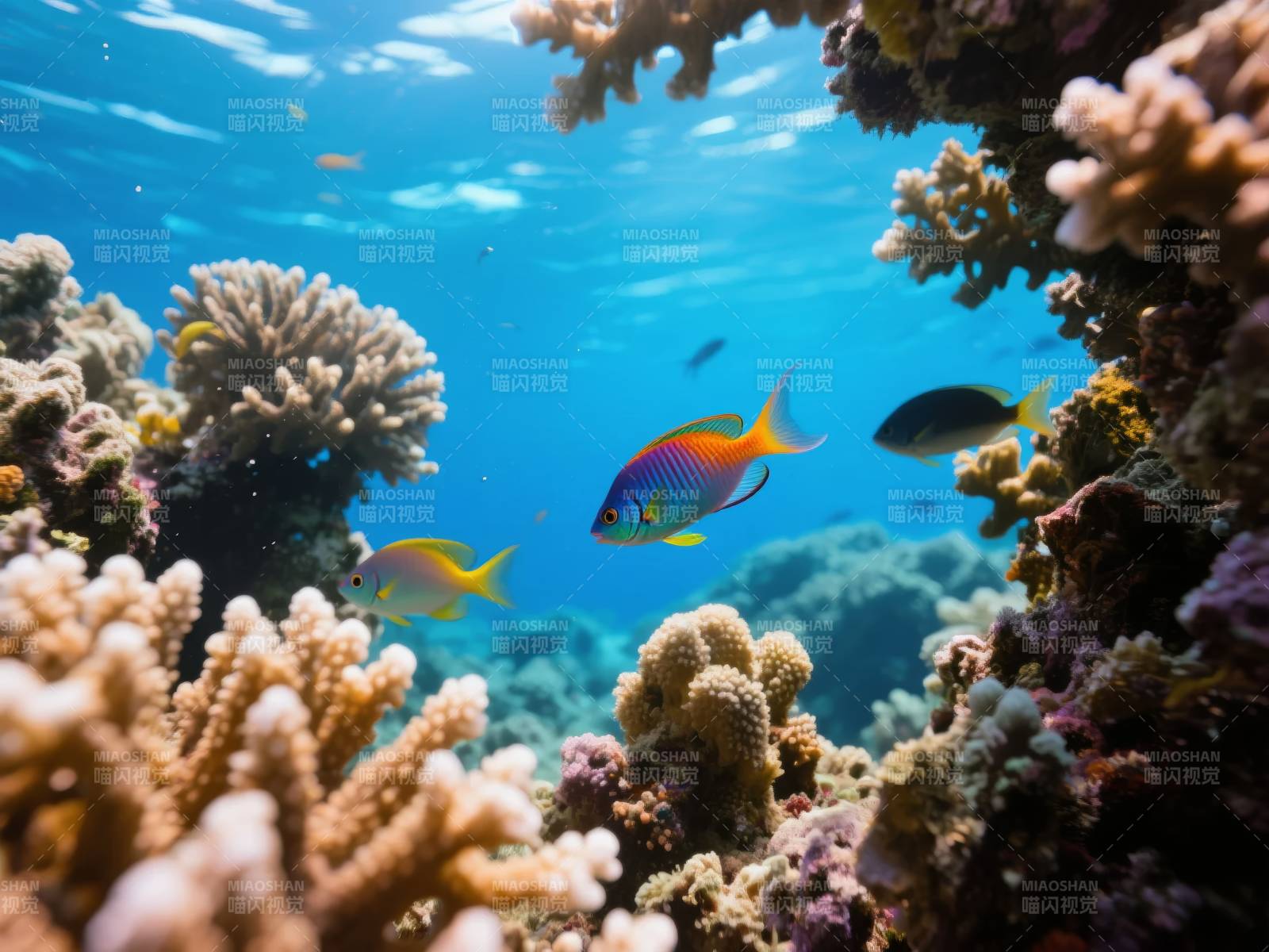 珊瑚礁中的彩色鱼群图片