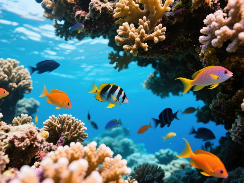 珊瑚礁中的彩色鱼群图片
