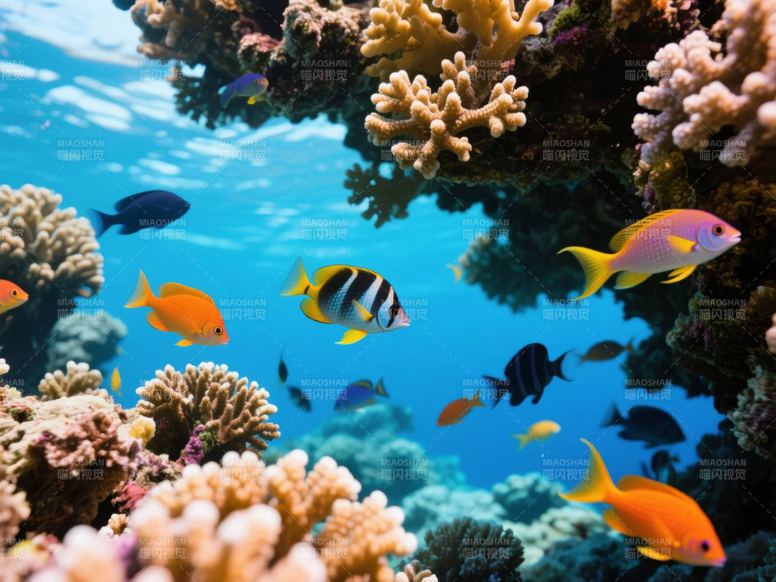 珊瑚礁中的彩色鱼群图片