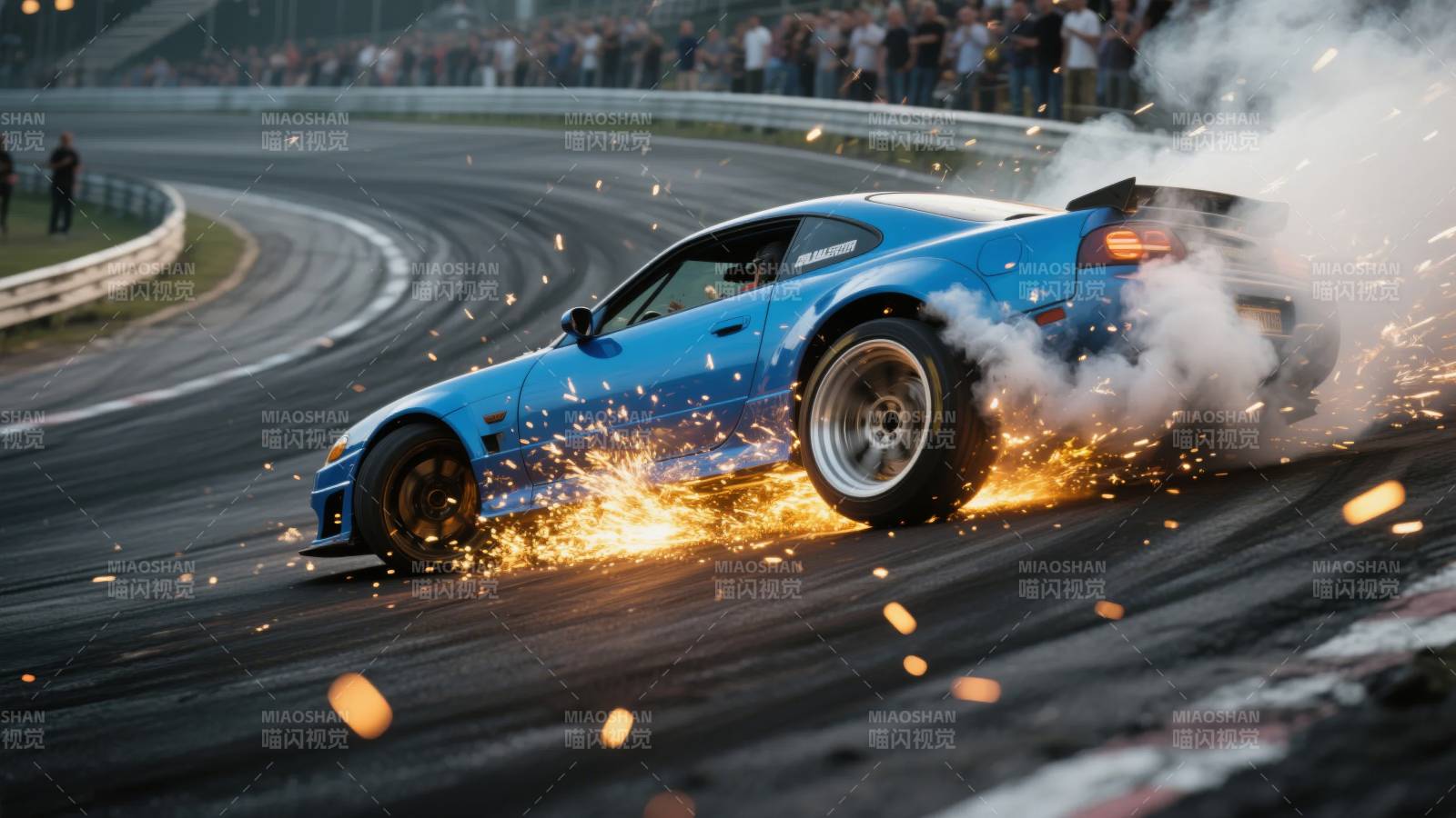 蓝色跑车漂移燃爆图片