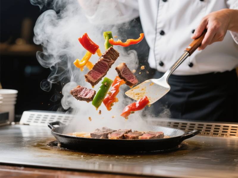 铁板牛排翻炒中图片