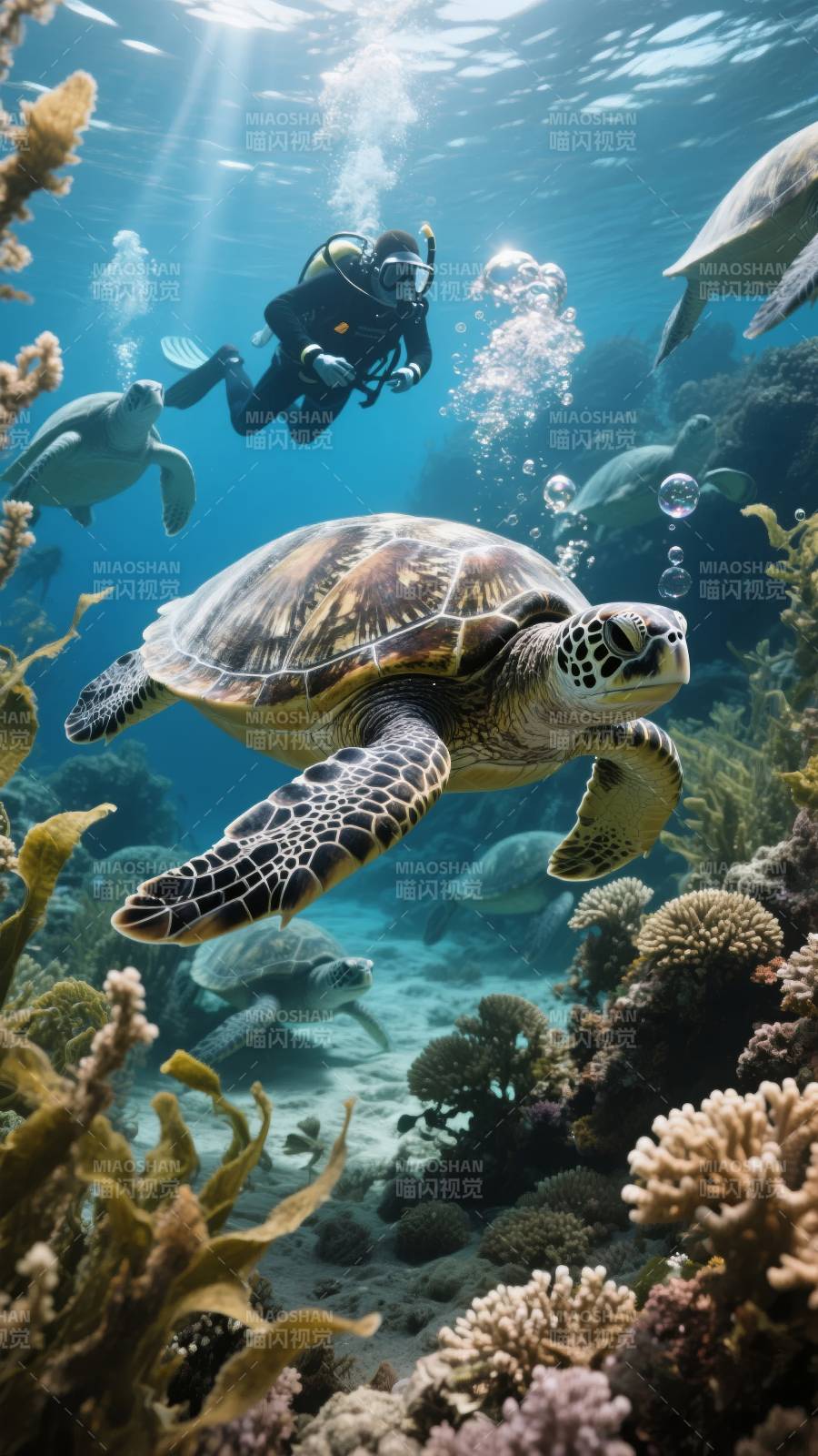 海底探秘 海龟与潜水员图片