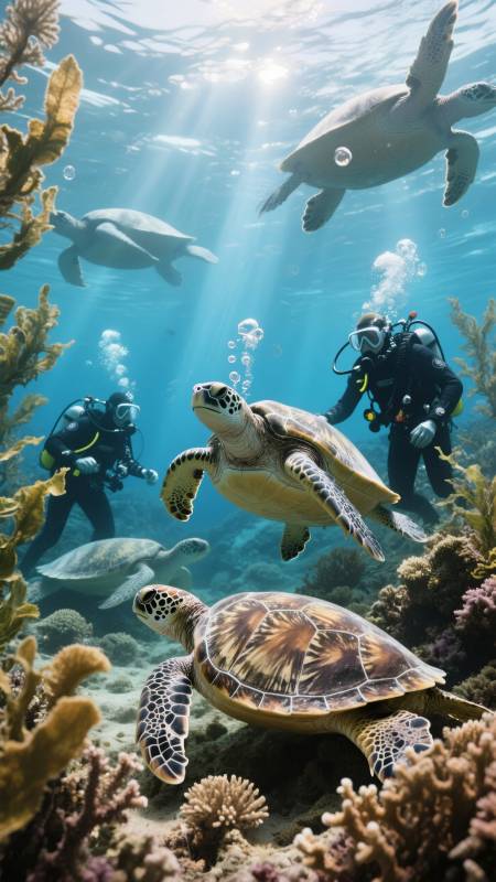 海底共舞 海龟与潜水员图片