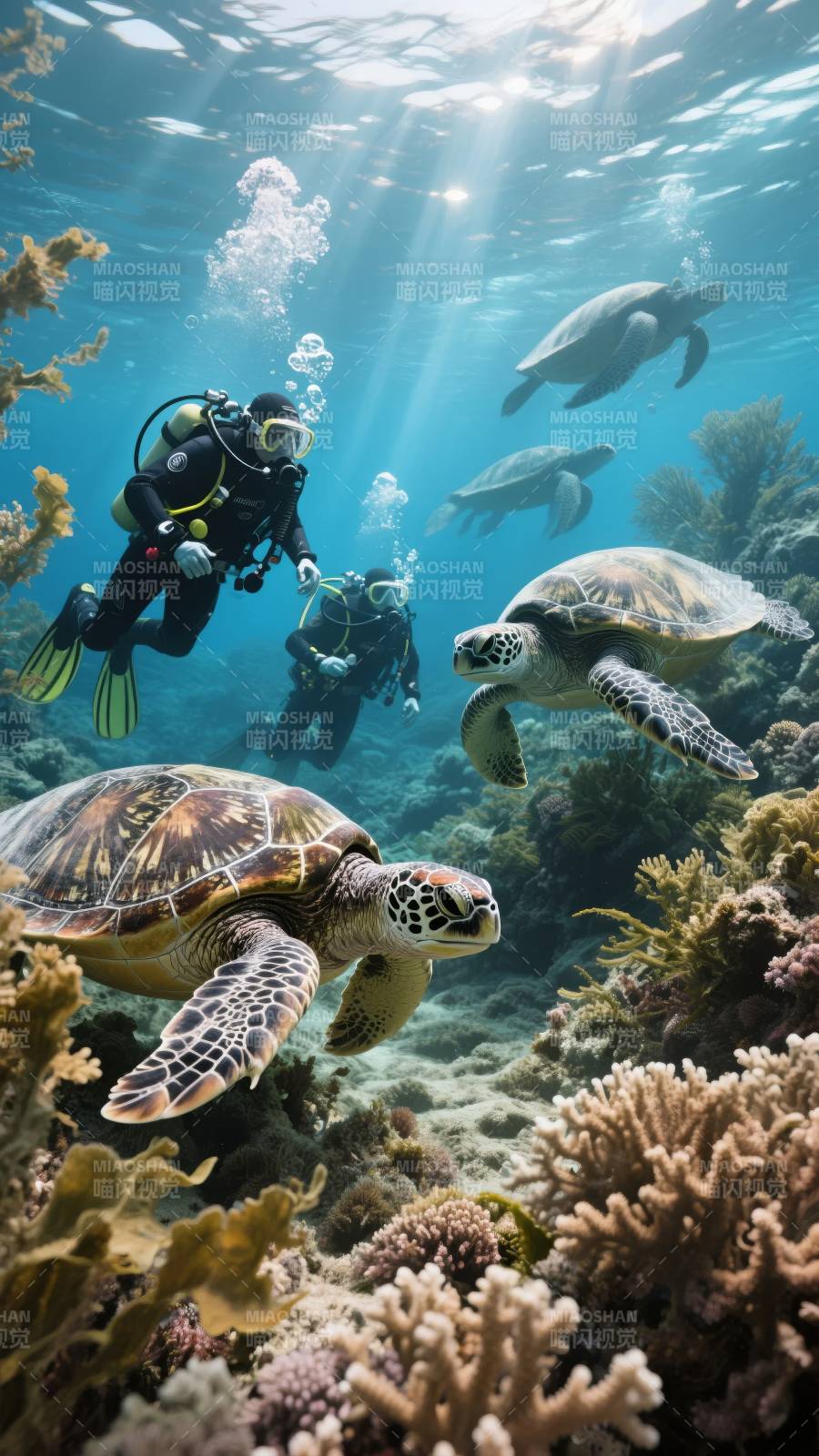 海底探秘 海龟与潜水员图片