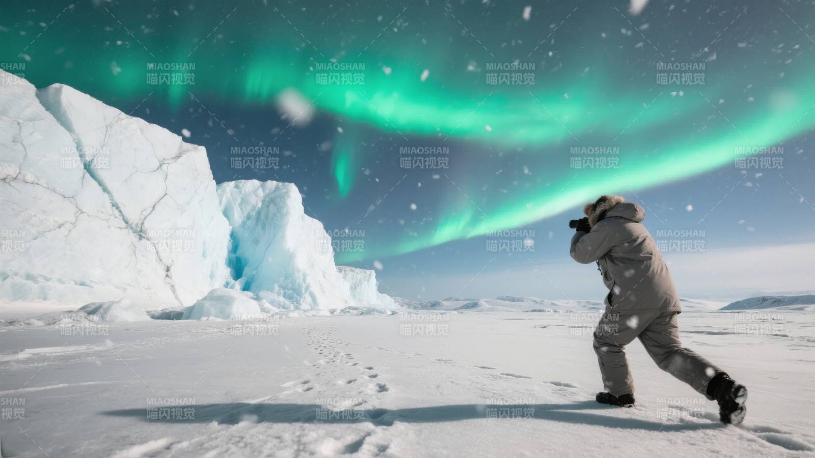 极光下的雪地摄影图片