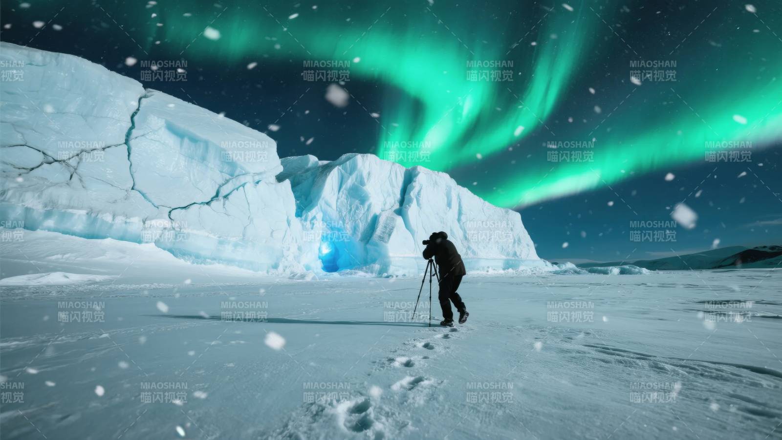 极光下的雪原行者图片