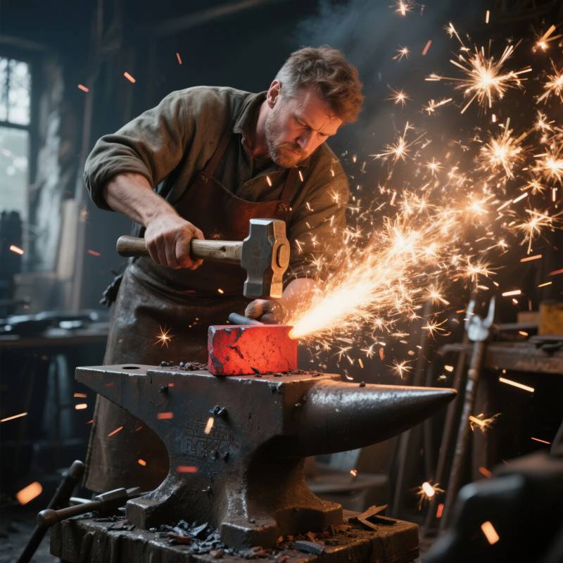 铁匠锻打火花四溅图片