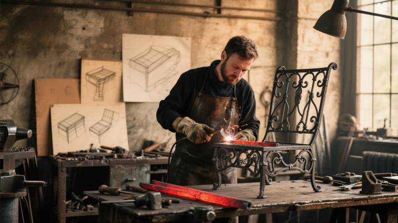 铁匠锻打金属椅图片