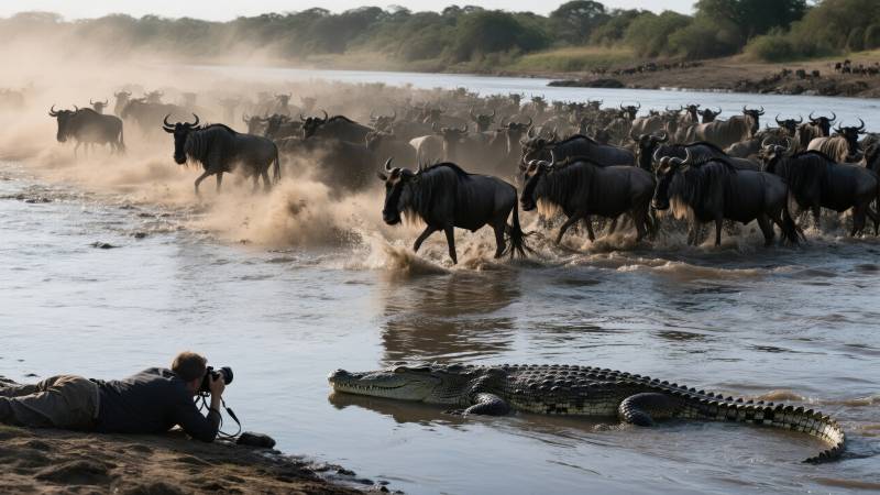 角马渡河遇鳄鱼图片
