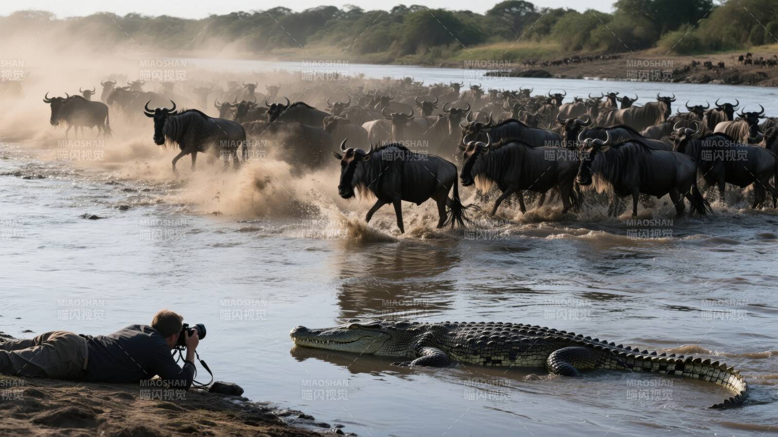 角马渡河遇鳄鱼图片