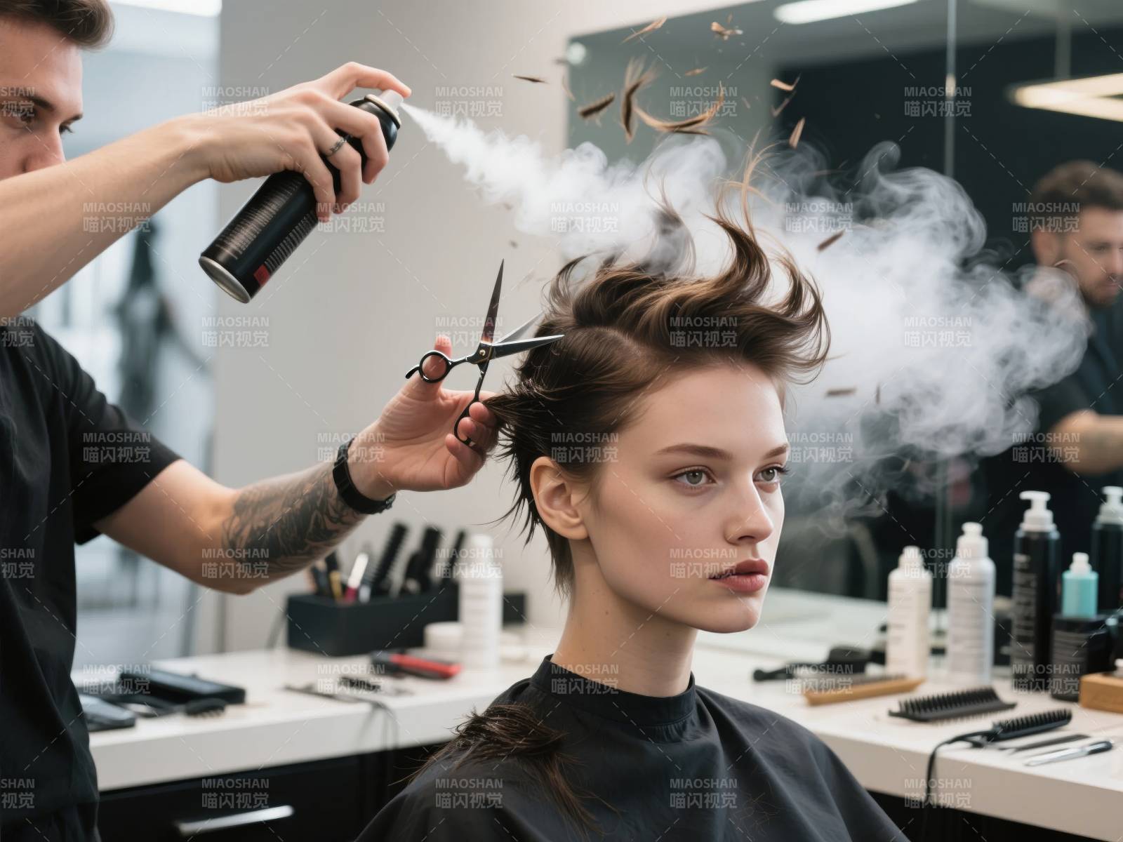 发型师喷雾剪发图片
