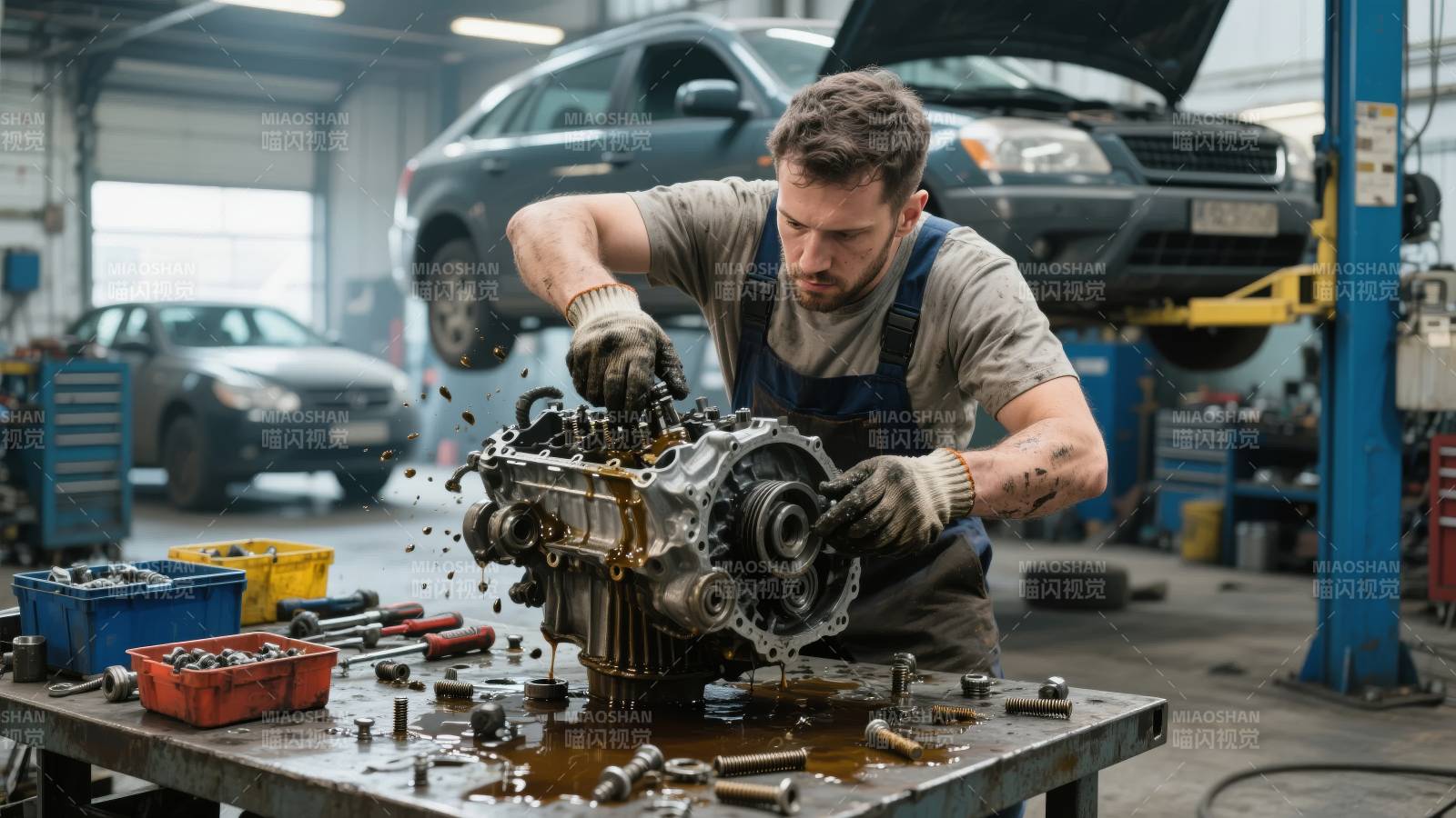 机械师维修发动机图片