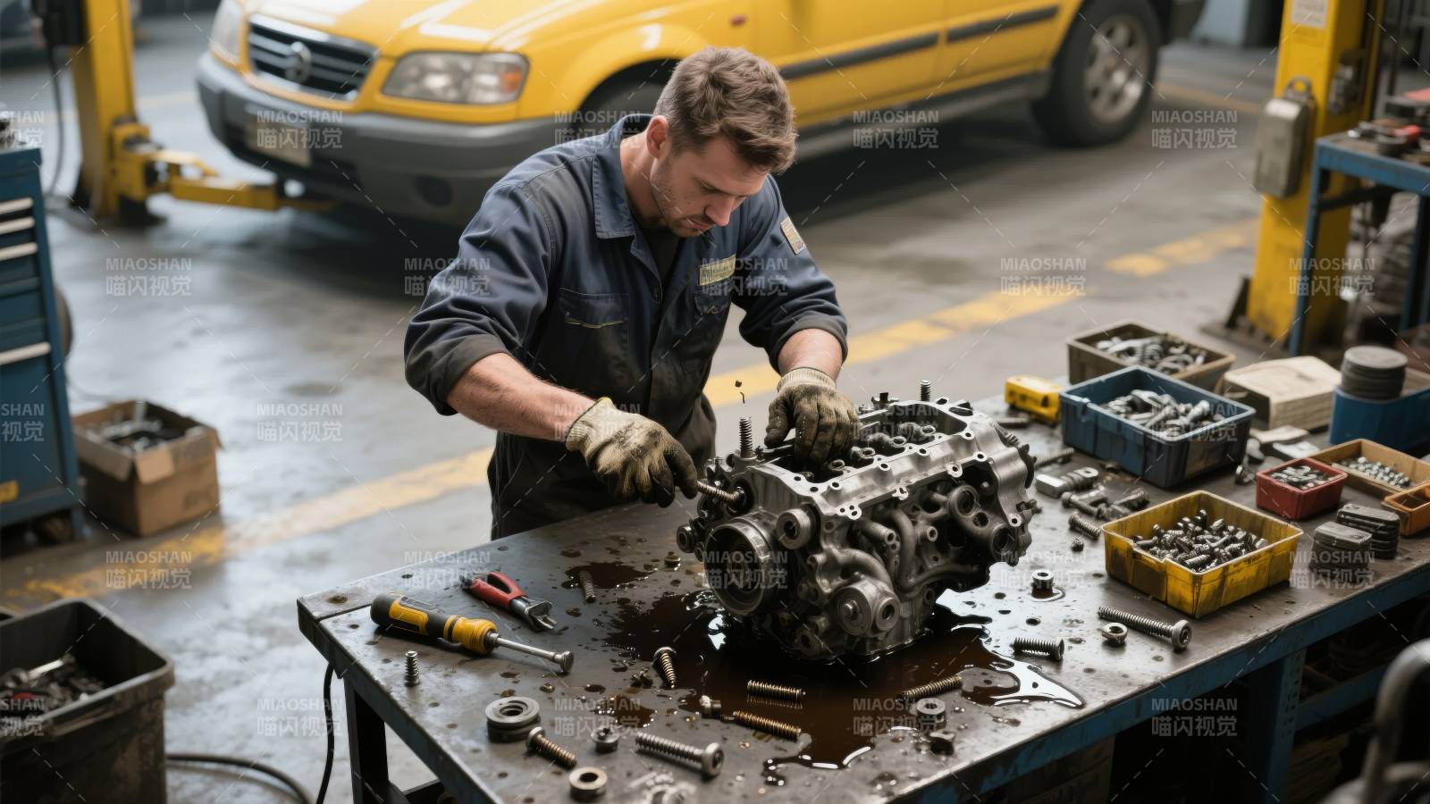 机械师维修发动机图片