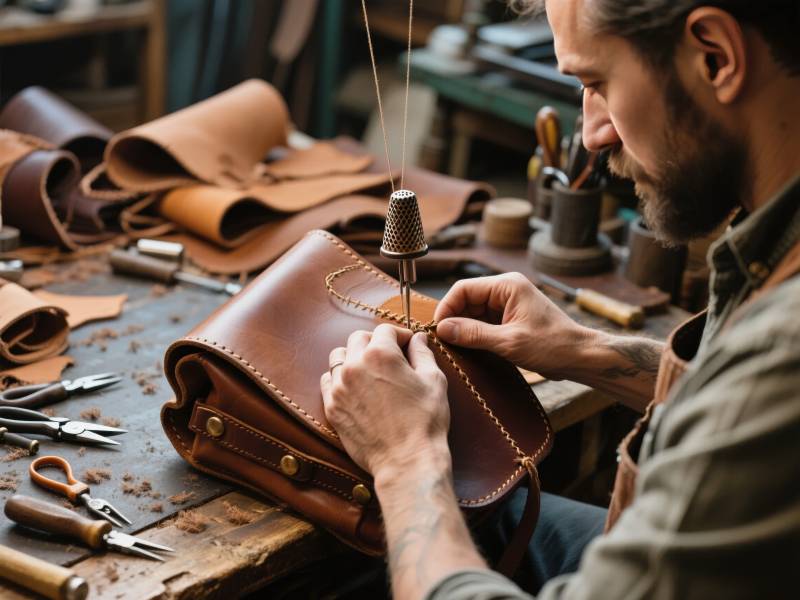 匠人手工缝制皮包图片