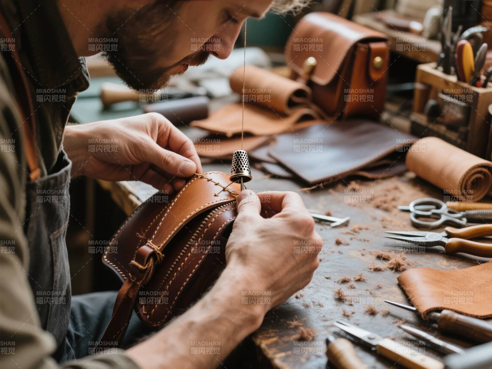 匠人手工缝制皮具图片