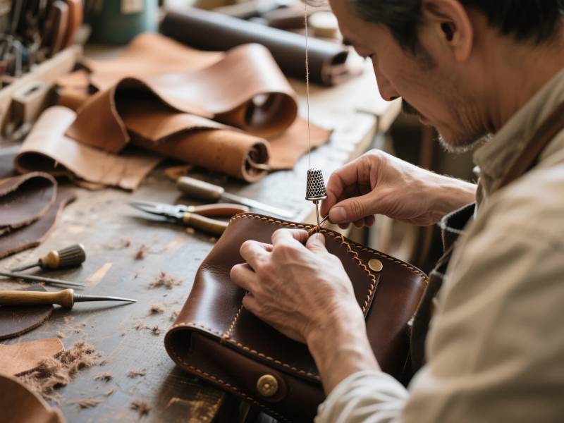 匠人手工缝制皮具图片