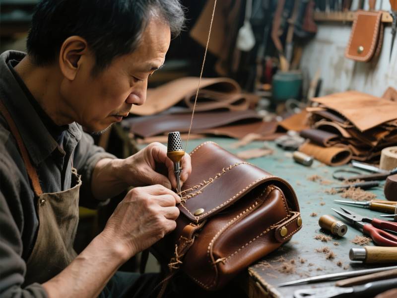 匠人缝制皮包图片