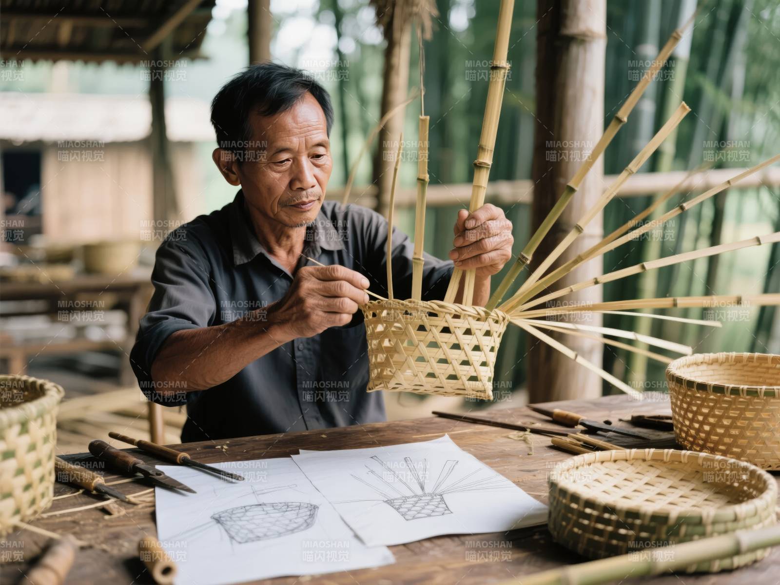 竹编匠人专注创作图片