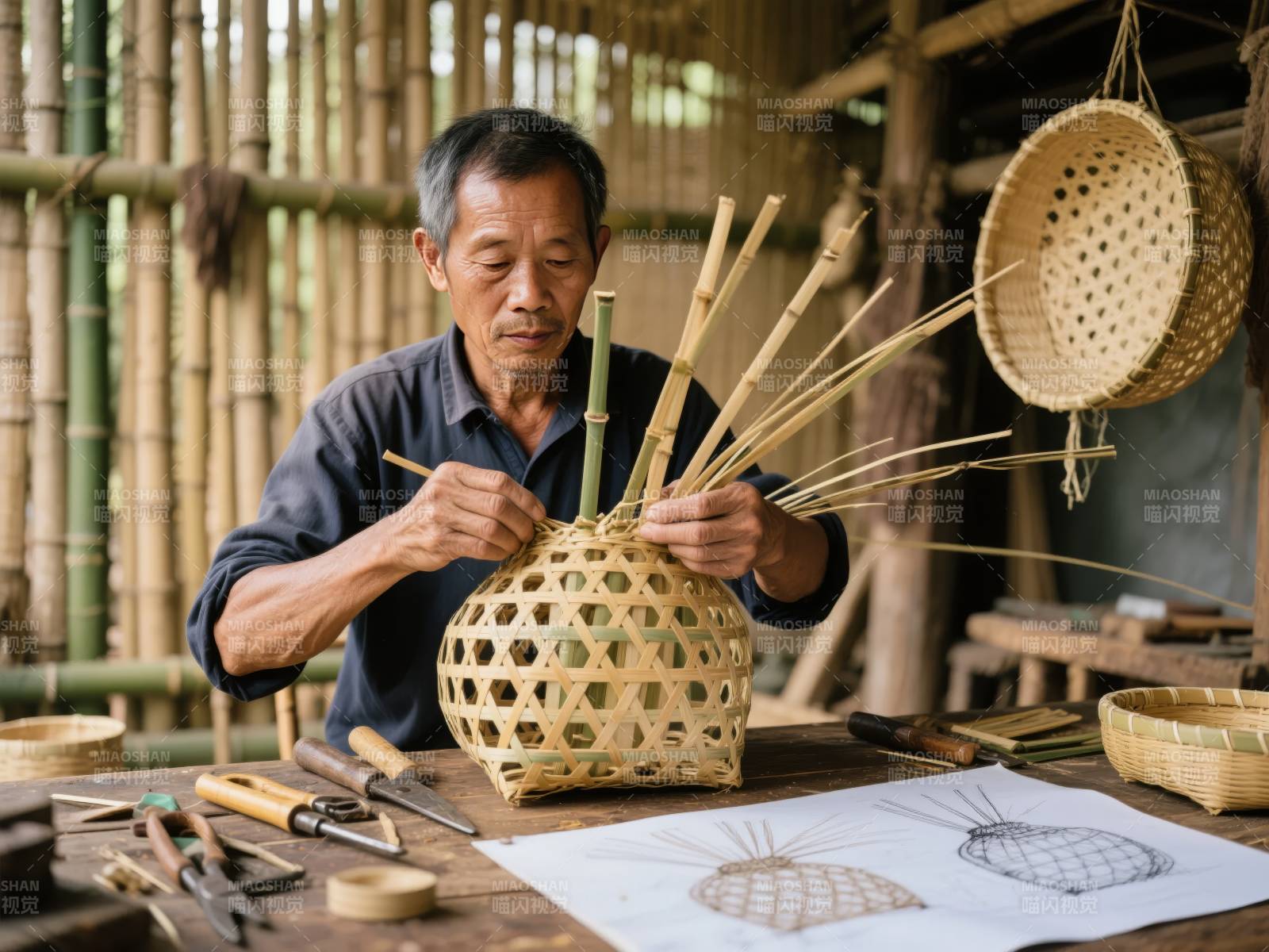 竹编匠人专注创作图片