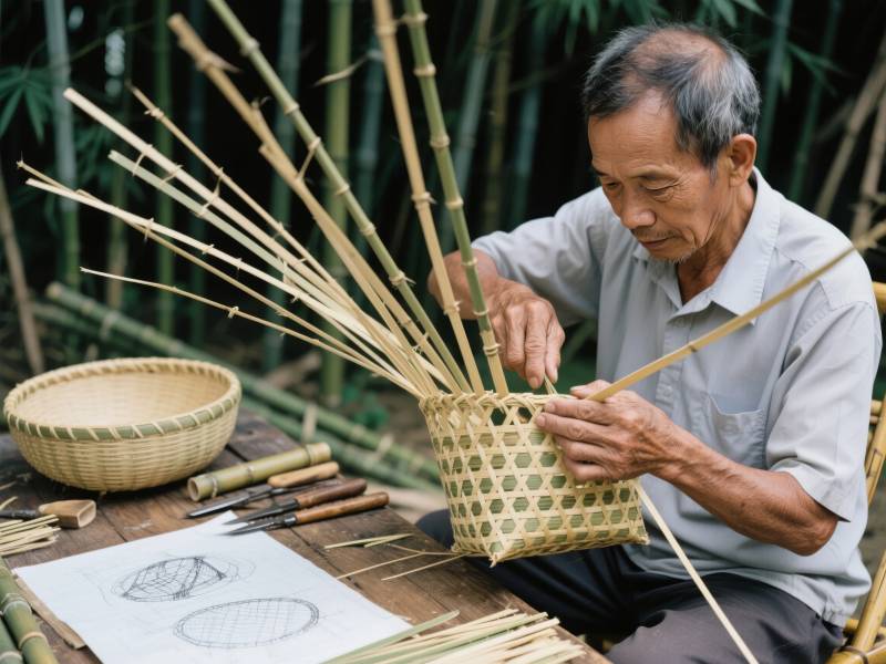 竹编匠人专注创作图片