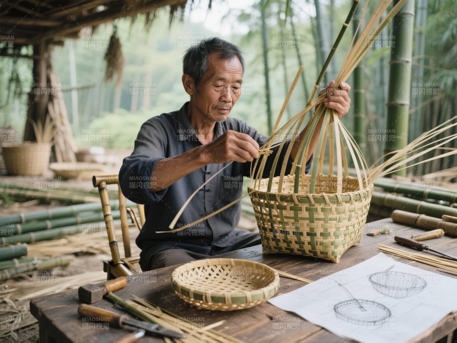 竹编匠人专注工作图片