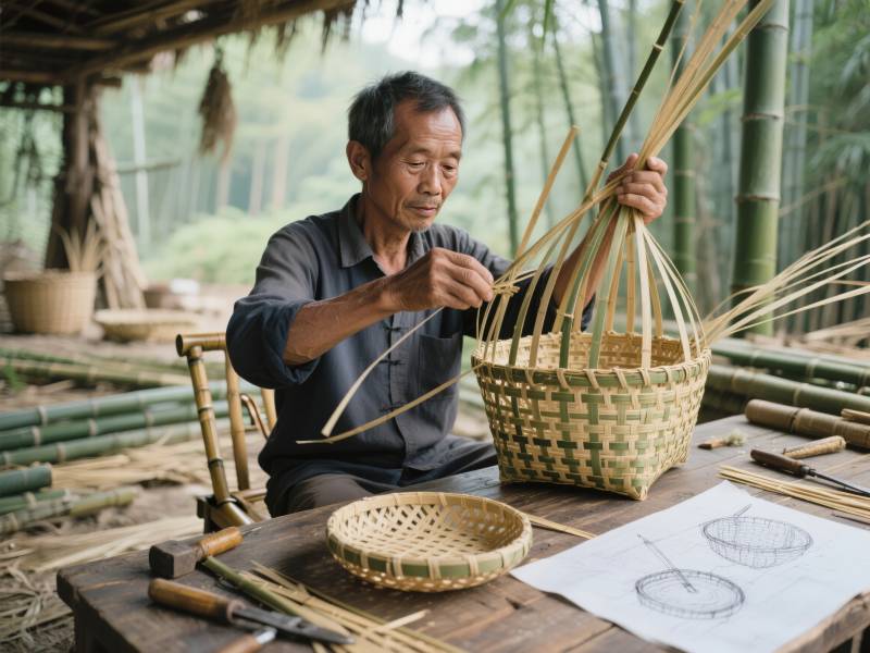 竹编匠人专注工作图片
