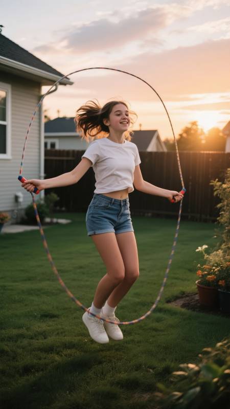 夕阳下跳绳的女孩图片