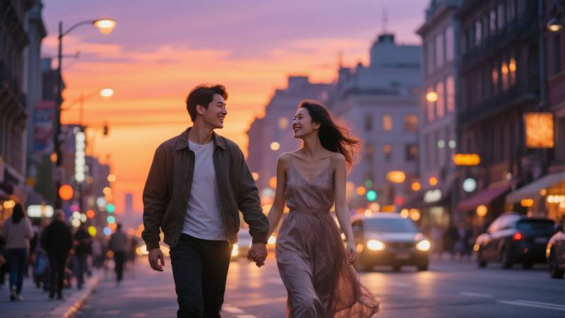 黄昏街头情侣牵手图片