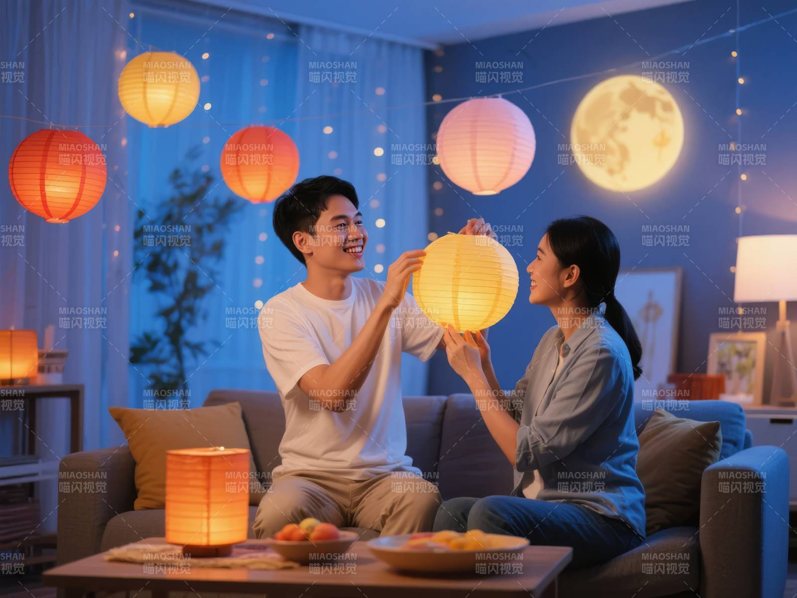 月下共赏灯笼图片