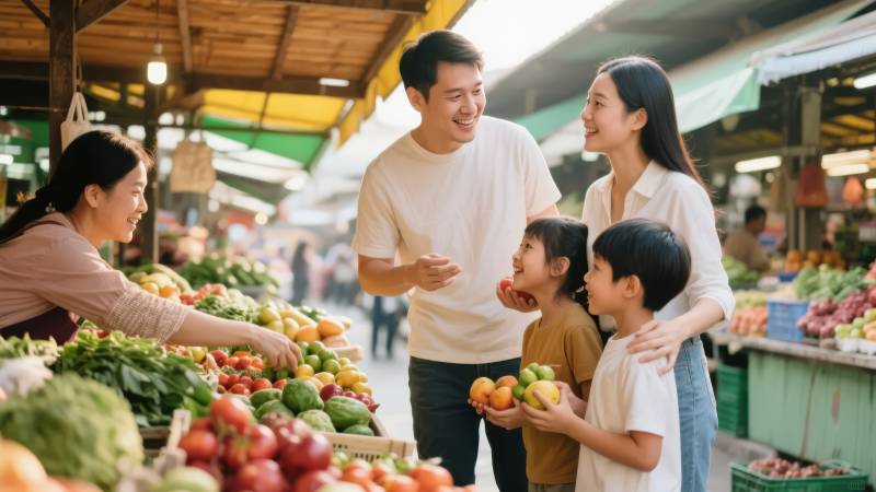 幸福一家逛菜市场图片