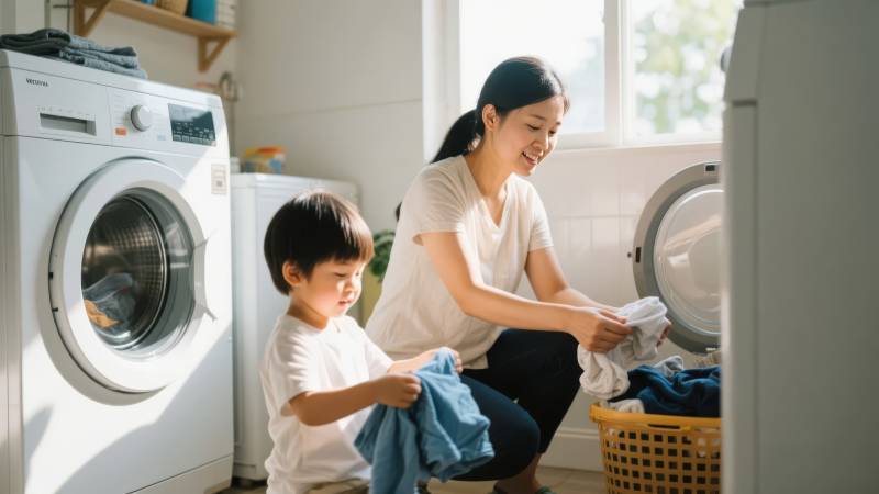 母子洗衣温馨时光图片