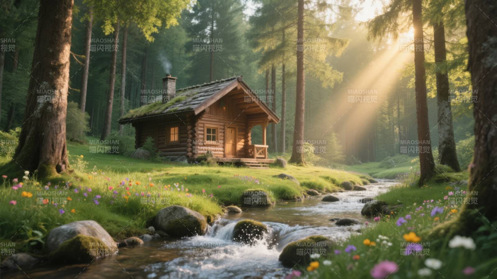 森林小屋溪流晨光图片