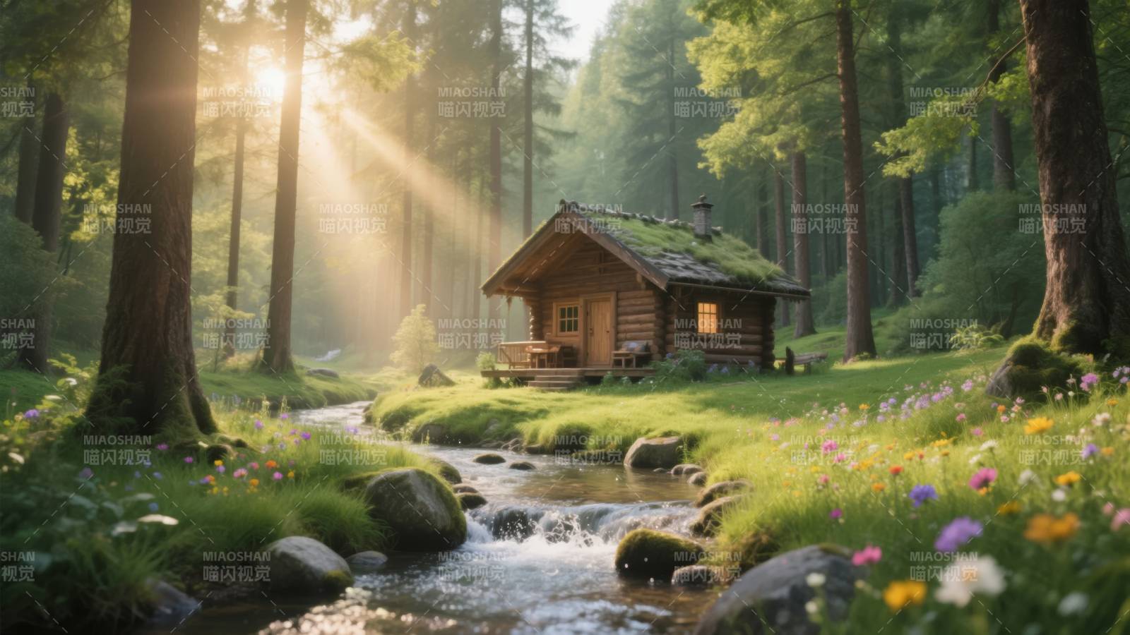 森林小屋溪流美景图片