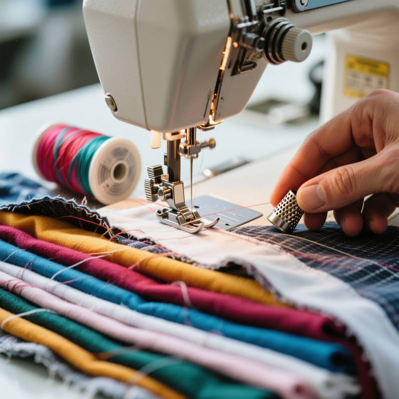 缝纫机上的多彩布料图片